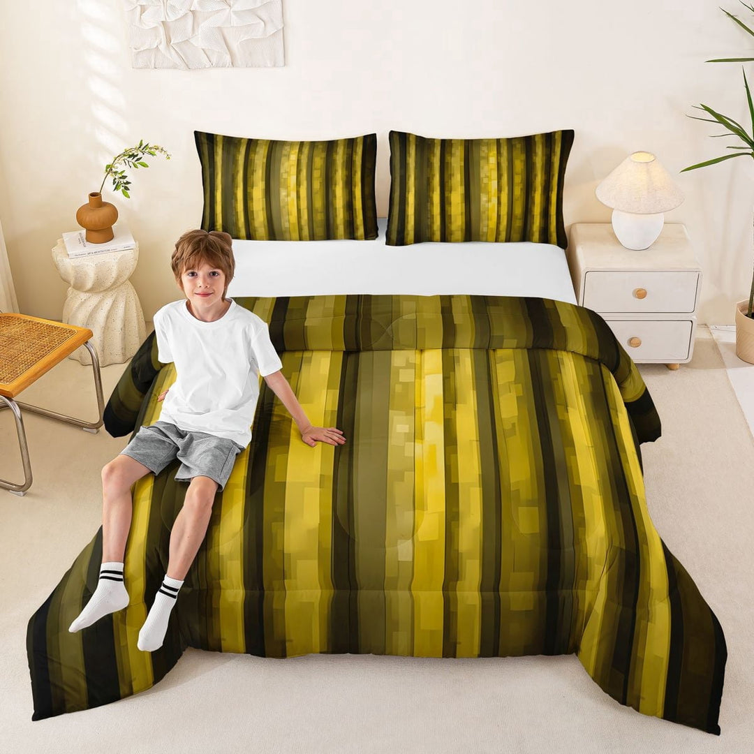 Manfei Pixel Vertical Streak Full Size Comforter Sets, Yellow Block Bedding Comforter Set, Yellow Black, Black Reversible 3pcs, 1 Comforter and 2 Pillowcases