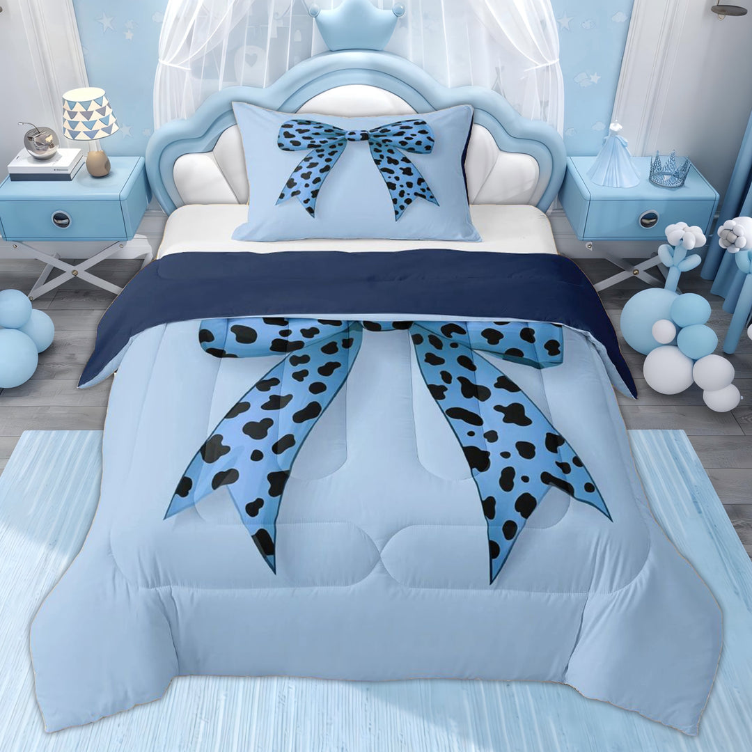 Erosebridal Kids Blue Bow-tie Twin Comforter Sets, Cartoon Leopard Print Bedding Set, Blue Reversible, 2pcs