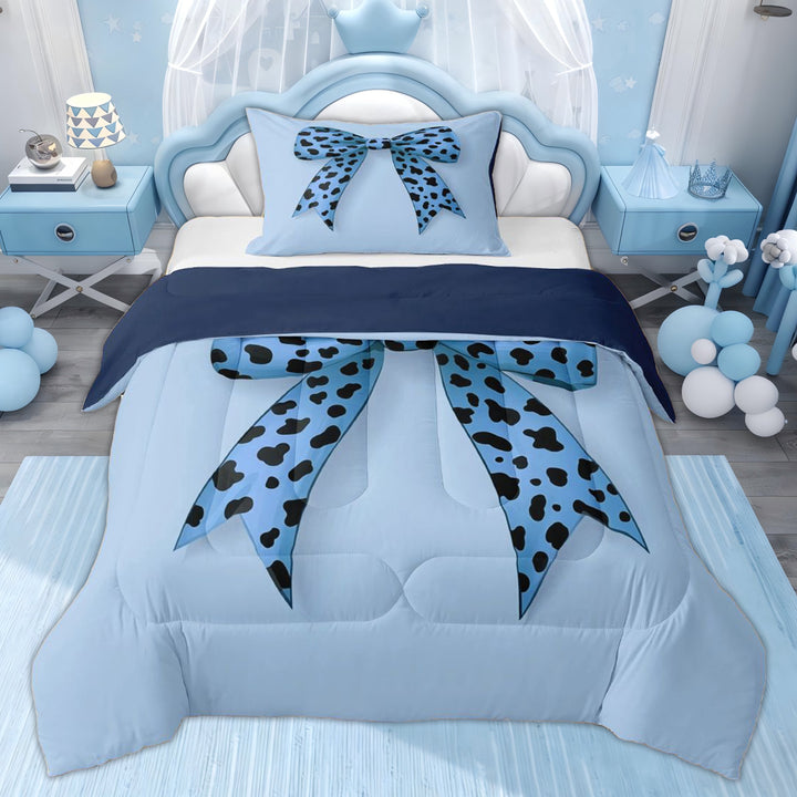 Erosebridal Kids Blue Bow-tie Twin Comforter Sets, Cartoon Leopard Print Bedding Set, Blue Reversible, 2pcs