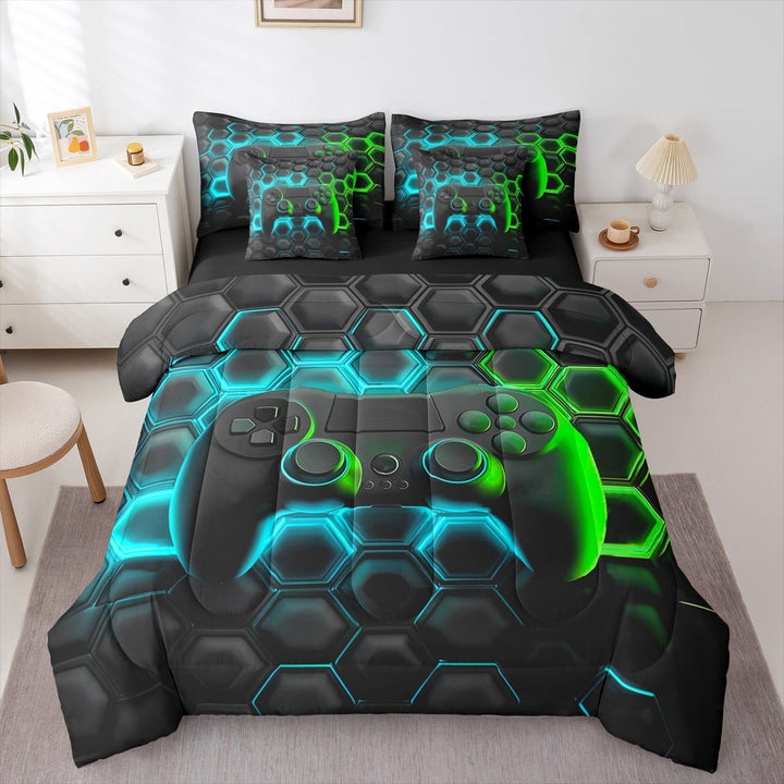 Erosebridal Gamepad Bedding Sets Twin Size for Teens, Stripe Geometry Comforter Sets with Sheets, Teens Adult Reversible Bedding Twin Size, Microfiber Bedroom Decor, 7pcs