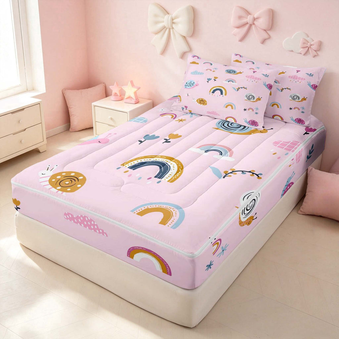 Erosebridal Cartoon Rainbow Zipper Full Size Comforter Sets with Fitted Sheet and 2 Pillowcases for Girls, Funny Snail Zipper Bedding Set, Pink Reversible