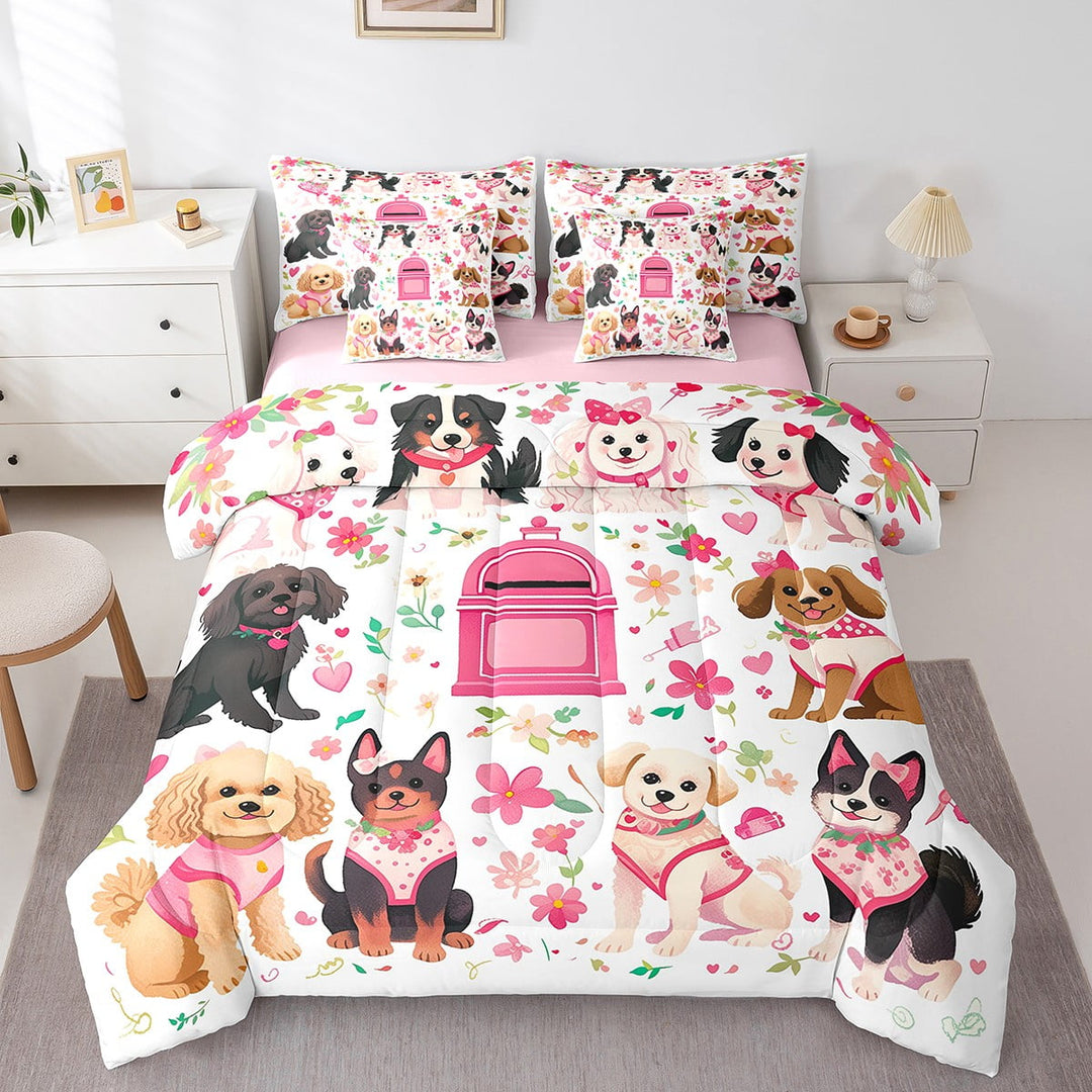 Erosebridal Kawaii Dogs Bedding Sets Twin Size,Pink Flower Comforter Sets with Sheets,Animal Decor,Reversible,Breathable,7-Piece
