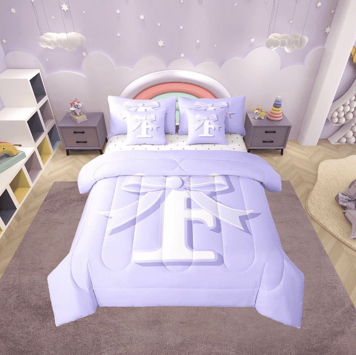 Erosebridal Initial F Letter Bed in a Bag Twin size, Princess Bow Bed Set, Purple Monogrammed Reversible Bedding Twin Size, Microfiber Room Decor, 7pcs