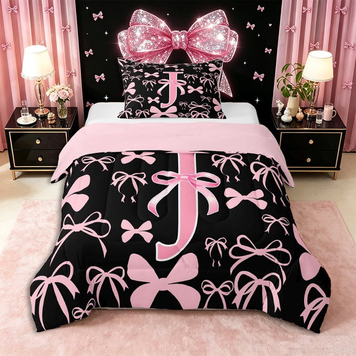 Erosebridal Kawaii Bowtie Letter J Monogrammed Twin Comforter Sets 3-Piece,Dreamy Princess Bow Bedding Set,Pink Reversible,Breathable Home Decor