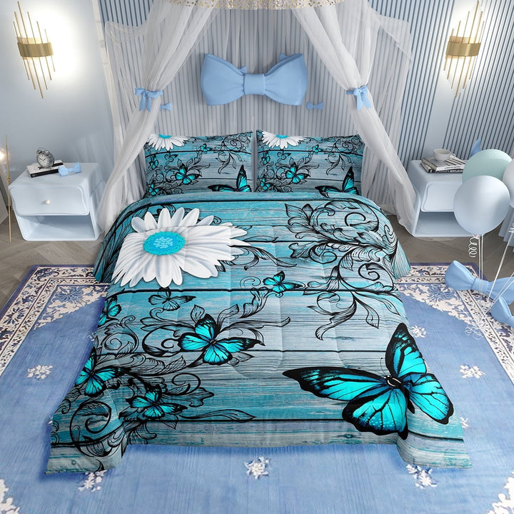 Butterfly Bedding Sets Teens Women Bedroom Rustic Flower Comforter Set,Blue Butterflies White Chic Floral Duvet Set Retro Vintage Romantic Style Quilt Set Full Size Soft Lightweight