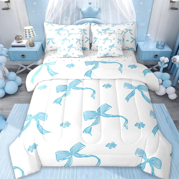 Erosebridal Blue Bows Ribbon 7 Pieces Bedding Comforter Set,Cartoon Bowknot Princess Full Bedding Set For Girly,Reversible