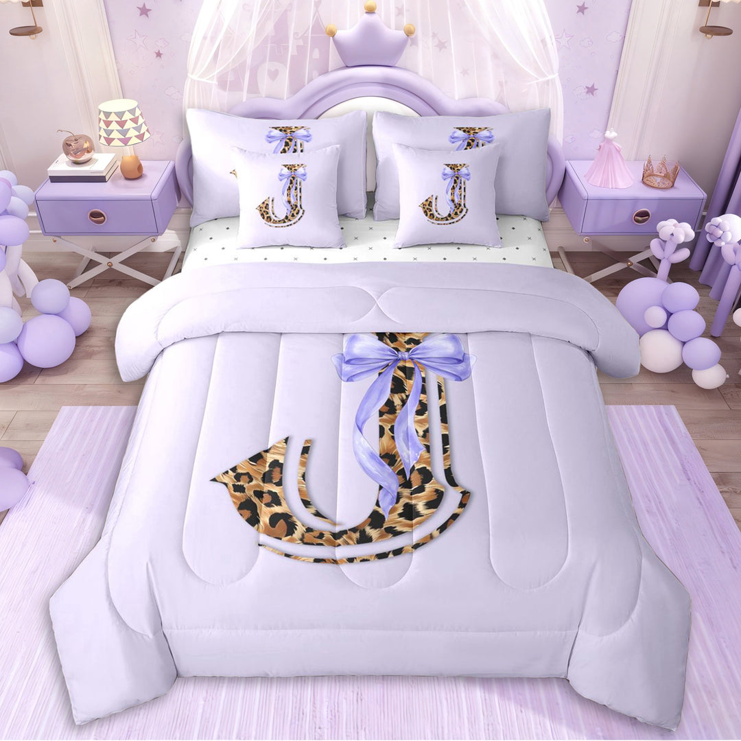 Erosebridal Cheetah Print Personalized J Initial Twin Bedding Sets 7-Piece,Kawaii Ribbon Bowtie Bedding Comforter Set For Teens Girls,Lightweight Room Decor