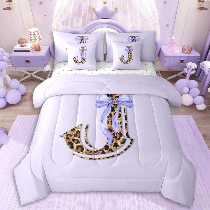 Erosebridal Cheetah Print Personalized J Initial Twin Bedding Sets 7-Piece,Kawaii Ribbon Bowtie Bedding Comforter Set For Teens Girls,Lightweight Room Decor
