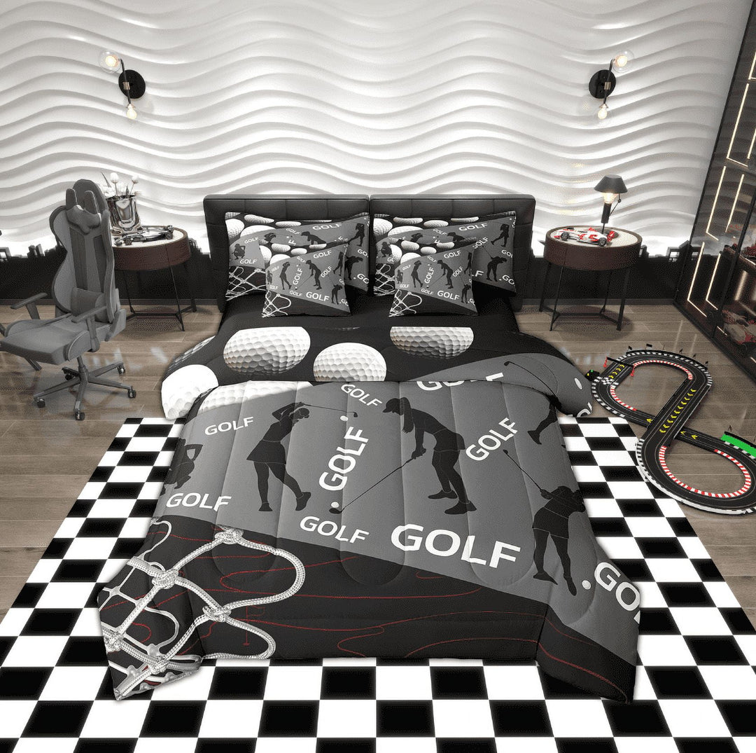 Erosebridal Golf Sports Bedding Twin Size, Black Grey Bed in a Bag Twin size, Geometric Stripe Decor, Reversible 7-Piece