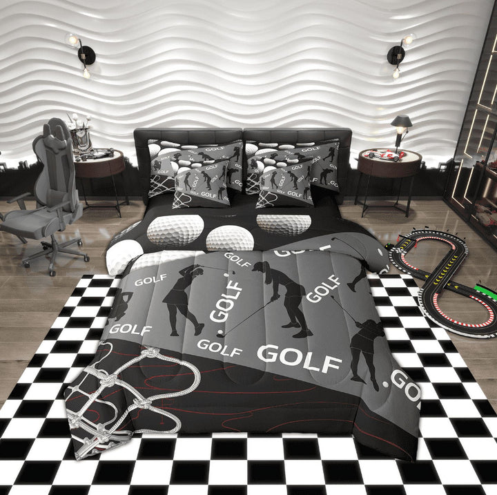 Erosebridal Golf Sports Bedding Twin Size, Black Grey Bed in a Bag Twin size, Geometric Stripe Decor, Reversible 7-Piece