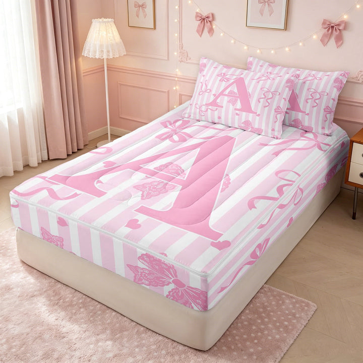 meiyoeat Coquette Bow Letter A Zipper Full Size Comforter Sets with Fitted Sheet and 2 Pillowcases for Girls, Pink Princess Ribbon Zipper Bedding Set, Pink Reversible, 4 Pieces