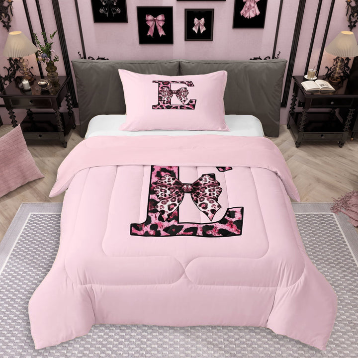 Erosebridal Black Pink Leopard Print Bow Knot Girl Twin Comforter Sets 3-Piece,Personalized Initial E Bedding Set For Teens,Pink Reversible