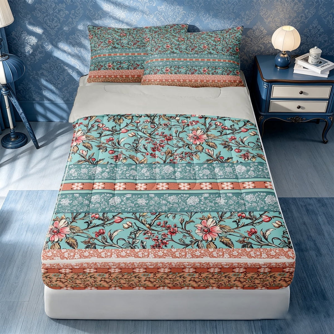 meiyoeat Boho Floral Zipper Twin Comforter Sets with Fitted Sheet and 2 Pillowcases For Girls,Border Print Zipper Bedding Set,Teal Multicolor,Light Gray Reversible,4 Pieces