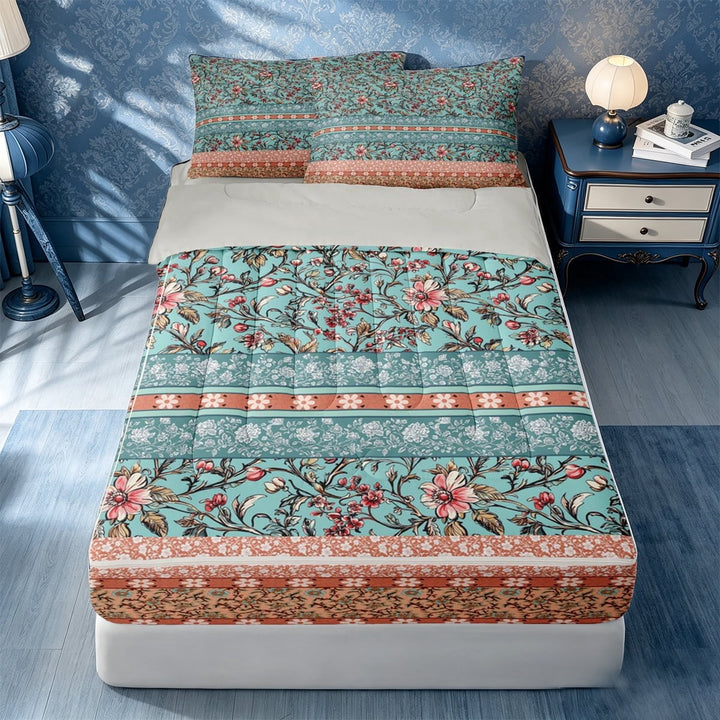 meiyoeat Boho Floral Zipper Twin Comforter Sets with Fitted Sheet and 2 Pillowcases For Girls,Border Print Zipper Bedding Set,Teal Multicolor,Light Gray Reversible,4 Pieces