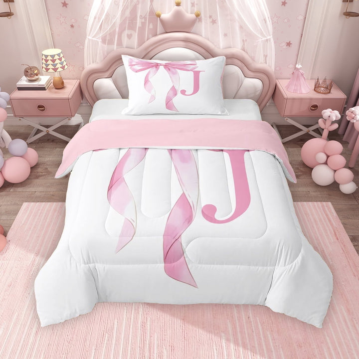 Erosebridal Girls Pink Bow Twin Comforter Sets, J Letter Bedding Set, Princess Style Bedroom Decor, Pink Reversible 2-Piece, 1 Comforter and 1 Pillowcase