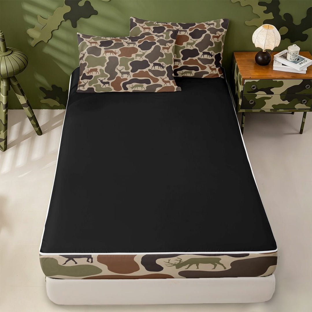 meiyoeat Rustic Camo Deer Zipper Twin Comforter Sets with Fitted Sheet and 2 Pillowcases,Jungle Animal Camouflage Silhouette Zipper Bedding Set For Men Women, Brown Beige,Black Reversible,4-Piece