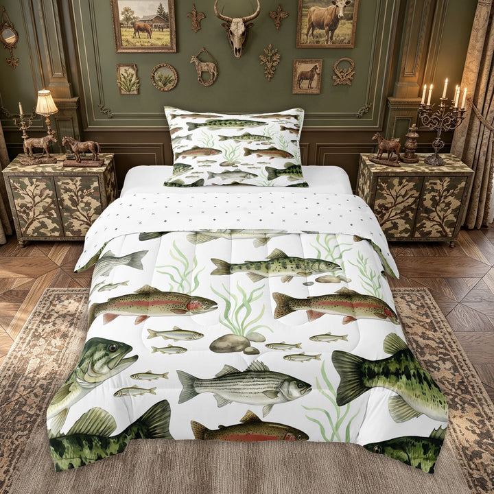 meiyoeat Watercolor Trout Bass Fish Full Size Comforter Sets for Men Kids, Rustic Wildlife Bedding Comforter Set, Green Brown, Reversible, 3pcs, 1 Comforter and 2 Pillowcases
