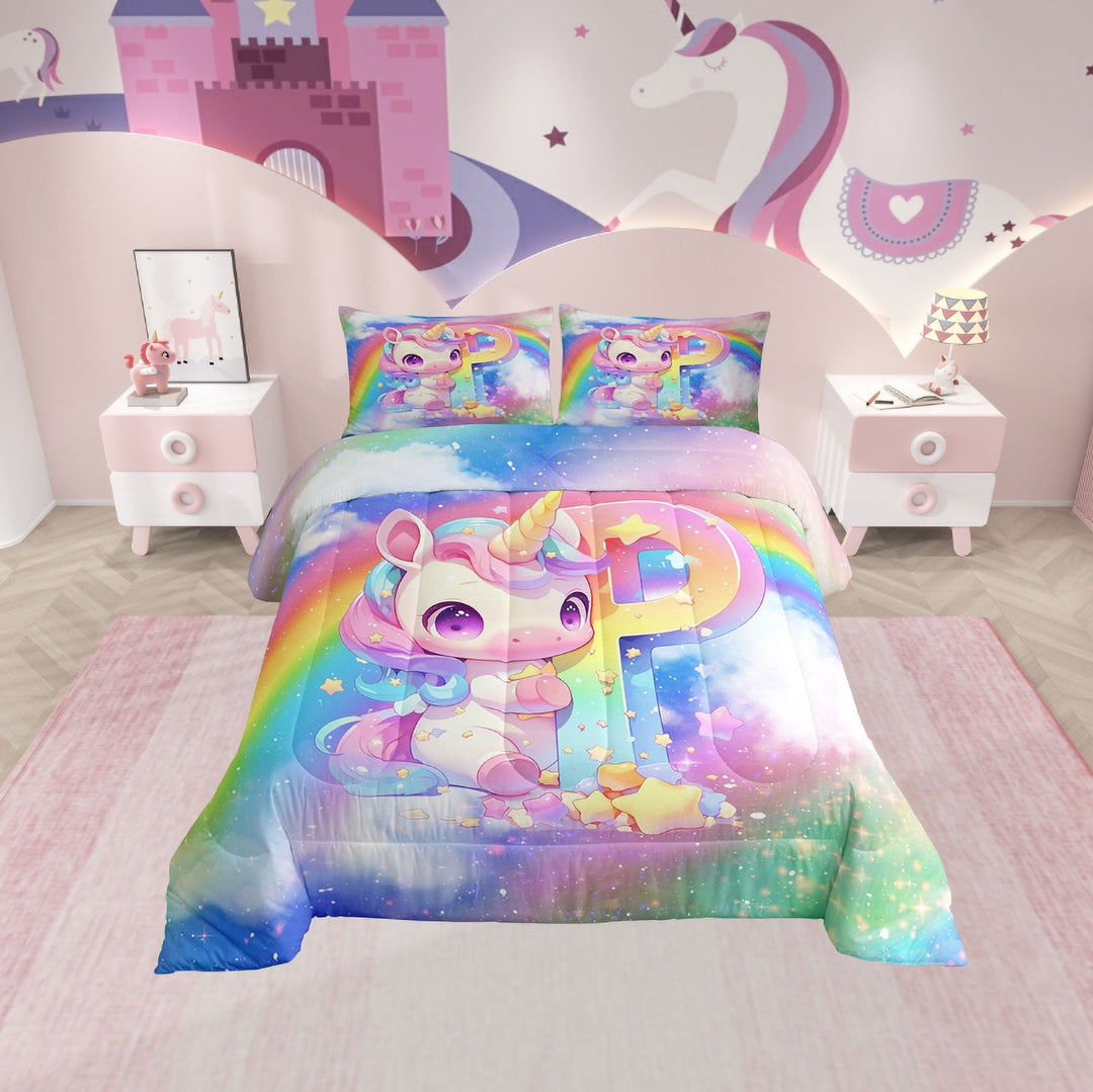 Erosebridal Initial Letter P Bedding Sets Twin with Comforter, Rainbow Unicorn Duvet Insert, Monogrammed Reversible Comforters &amp; Duvets, Super Cozy Room Decoration, 2-Piece