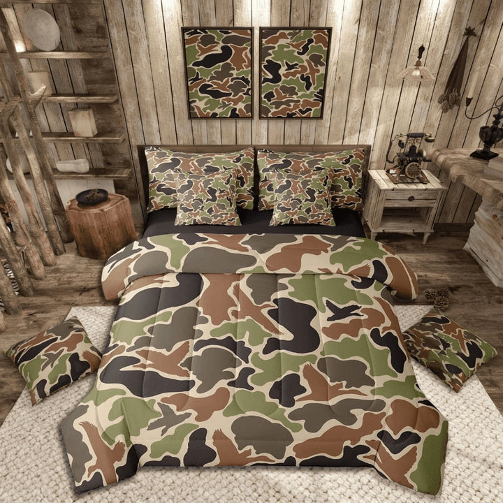 Manfei 7-Piece Full Bedding Set: Mallard Duck Abstract Camo Lightweight Comforter &amp; Sheets