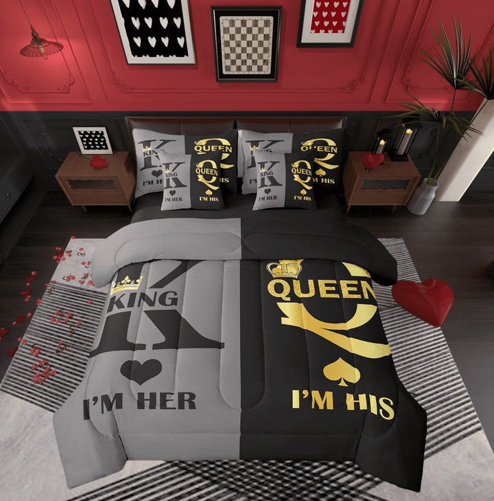 Romantic Love Theme 7 Piece Bed In A Bag Queen King And Queen Crown Bedding Set For Couple,Valentine&
