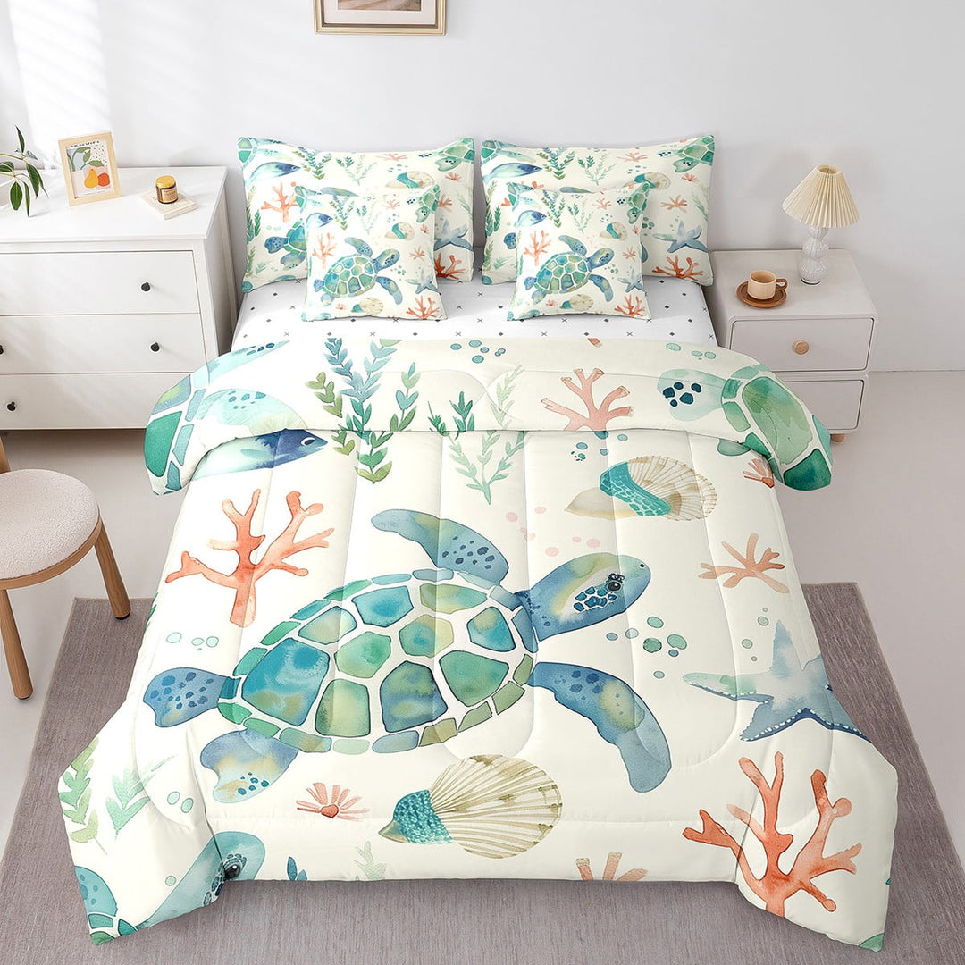 Watercolor Sea Turtle Bed in a Bag 7-Piece Cartoon Wildlife Bedding Set, Coastal Seashell Starfish King Size Comforter Set Cute Reptile Animal Bedding Comforter Sets, Beige Green Bed Set