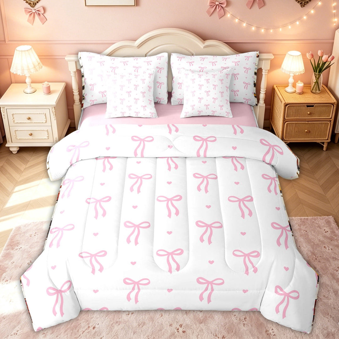 meiyoeat Kawaii Bow Full Size Bedding Sets for Kids Girls, Pink White Love Hearts Full Size Bed in a Bag for Bedroom, Pink Reversible, 7 Pieces