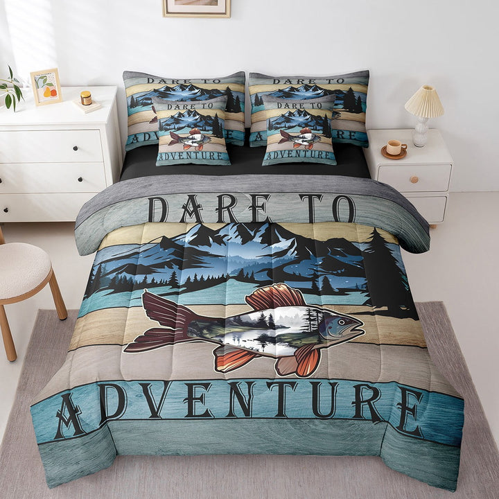 Big Pike Fish Full Comforter Set 7 Pieces Hunting and Fishing Bedding Comforter Sets, Rustic Farmhouse Lodge Cabin Bed in a Bag Adventure Theme Bedding Set, Vintage Old Barn Door Bed Sheets Set