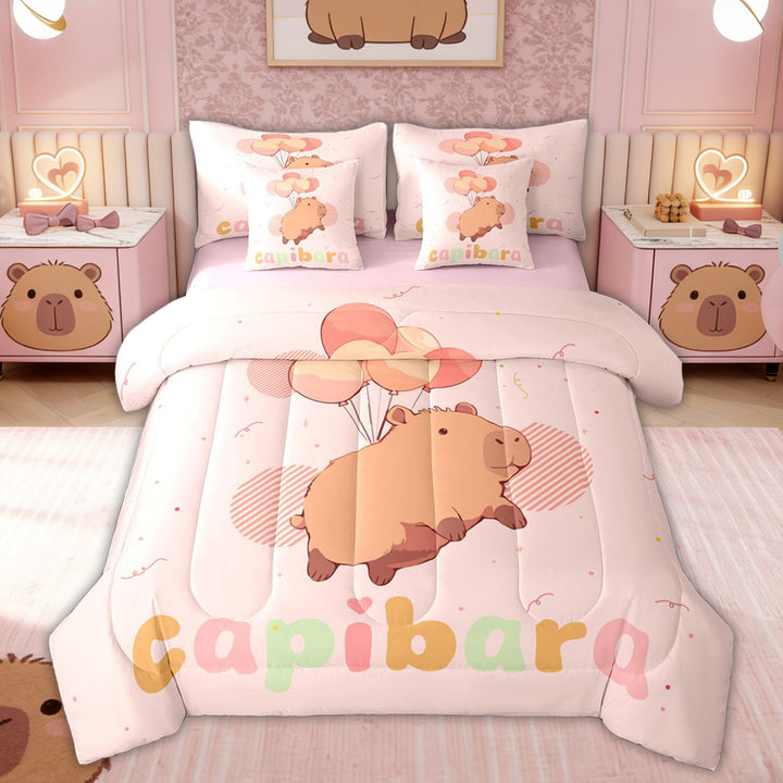 Erosebridal Cute Capybara Kids Twin Bedding Sets, Cartoon Balloon Bedding Comforter Set, Pink Reversible, 7 Pieces