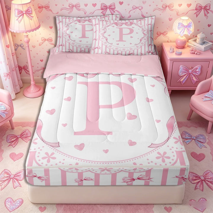 Meiyoeat Kawaii Bow Letter P Print Zipper Twin Comforter Sets with Fitted Sheet and 2 Pillowcases, Floral Stripes Love Heart Zipper Bedding Set, Pink White,4-Piece,Pink Reversible
