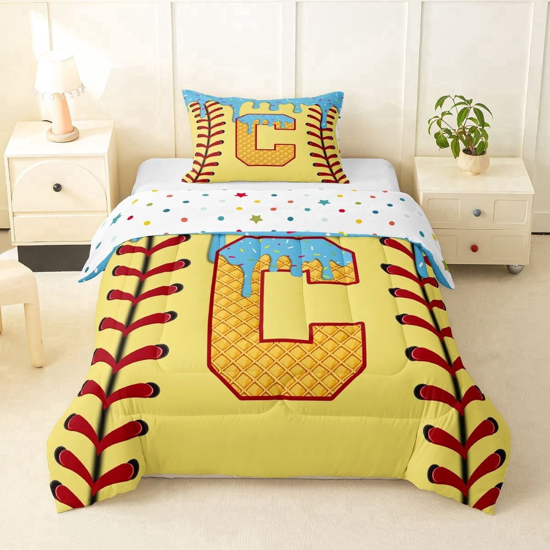 Erosebridal Light Blue Dripping Baseball Stitch &amp; Waffle Letter C Graphic Twin Comforter Sets 3-Piece, Alphabet Graphic Bedding Set for Boys And Girls Kids,Lightweight Room Decor