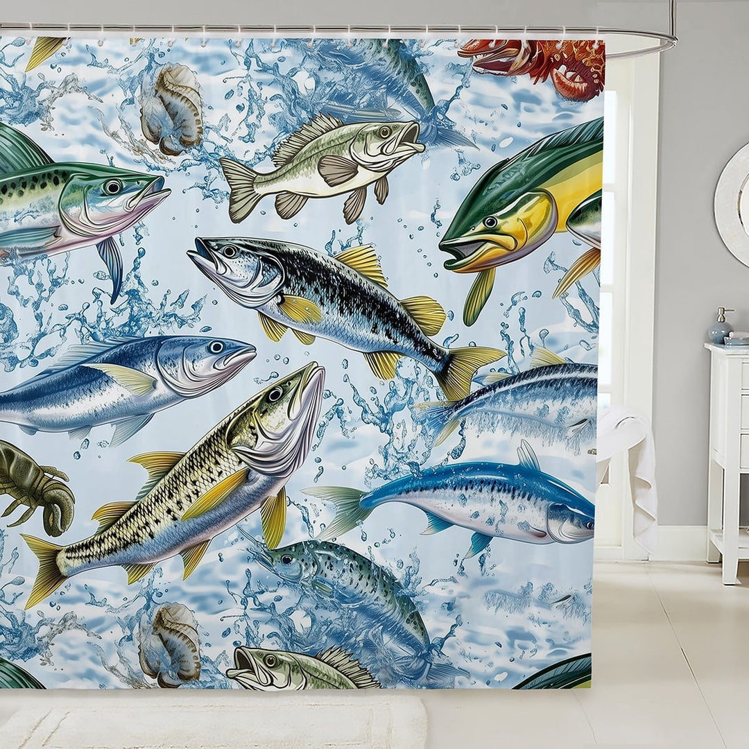 Bass Fish Shower Curtain,Fishing Hunting Bathroom Curtain Teens Men Adult Room Decor,3D Fish Animals Waterproof Curtain Modern Blue Green Bath Curtain,12 Hooks,72"Wx78"L