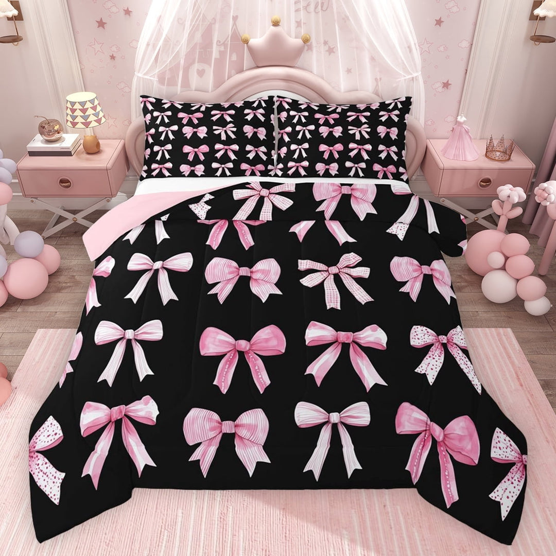 Feelyou Teen Ribbon Full Size Comforter Sets, Black Pink Bowknot Bedding Sets, 3pcs