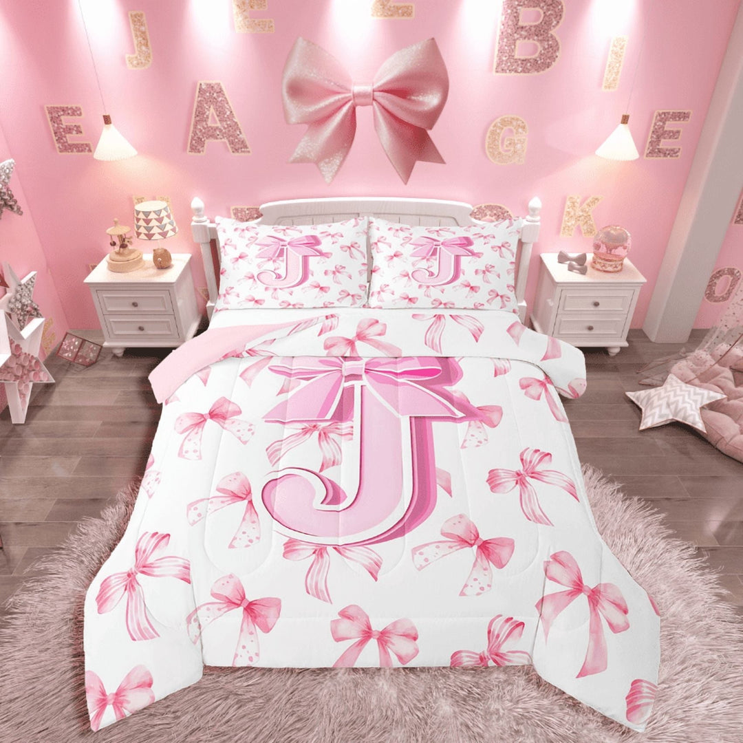 Manfei Bow Alphabet 3-Piece Full Comforter Set,Pink White,Lightweight Dreamy Bedding