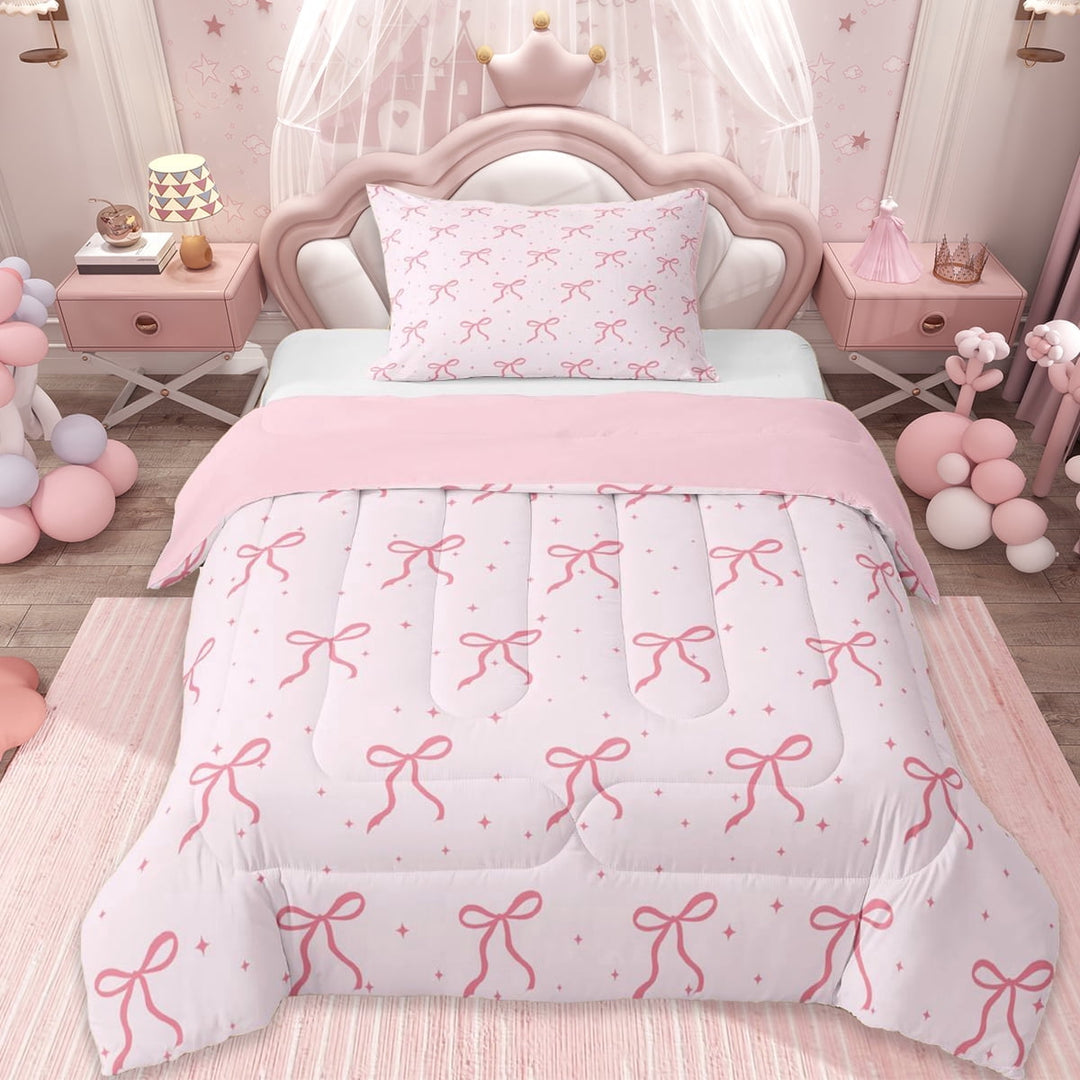 Erosebridal Cute Bows Bowtie Twin Comforter Sets For Kids,Cartoon Bowknot Pattern Bedding Set,Girls Lightpink, Reversible 2 Pieces