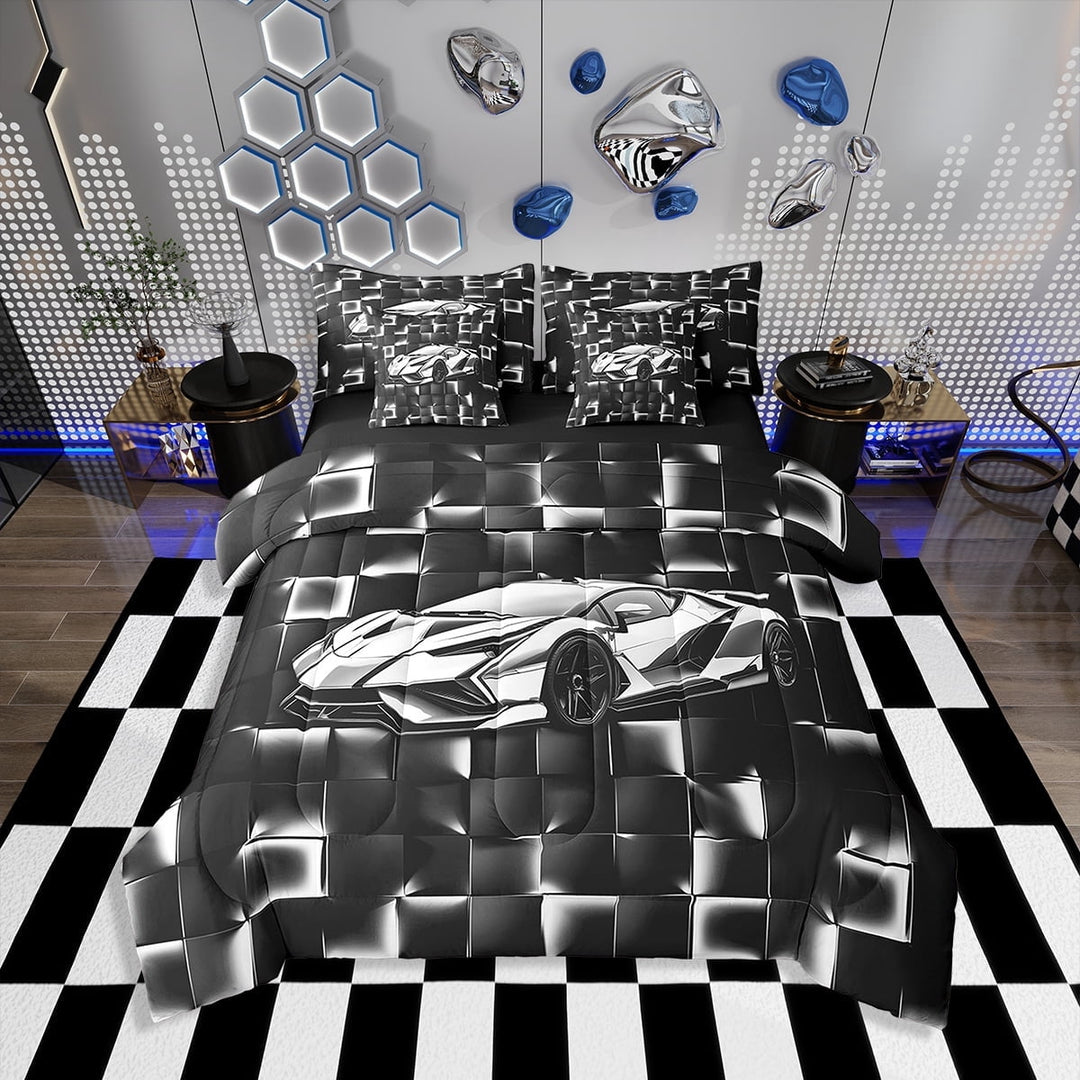 Erosebridal Cool Sports Car Bedding Twin Size, Race Car Bedding Sets Twin Size, Square Geometry Decor, Reversible 7 Pieces