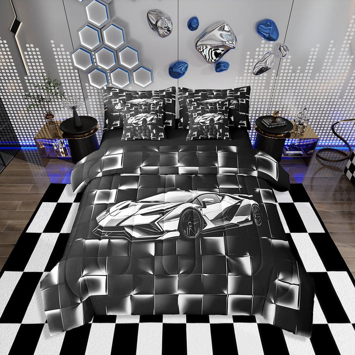 Erosebridal Cool Sports Car Bedding Twin Size, Race Car Bedding Sets Twin Size, Square Geometry Decor, Reversible 7 Pieces
