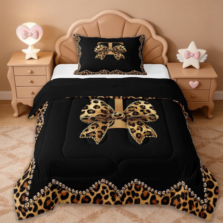 Erosebridal Fashion Letter T Monogrammed Twin Comforter Sets For Cheetah Lover,Brown Leopard Print Cute BowknotBedding Set For Girls Women,Reversible black,2pcs