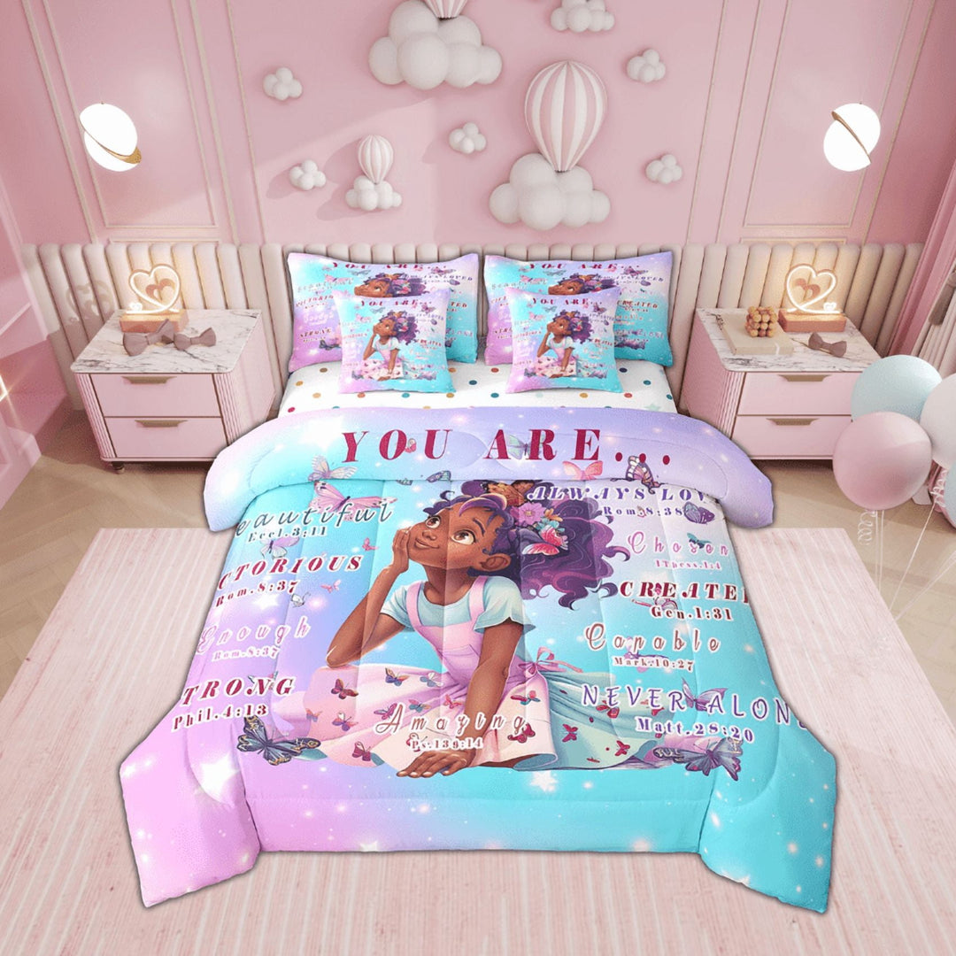 Afro 7 Piece Comforter Set Full Bed in a Bag,Inspirational Quotes American African Princess Magical Bedding Sets Black Hair Sheet Set with Comforter
