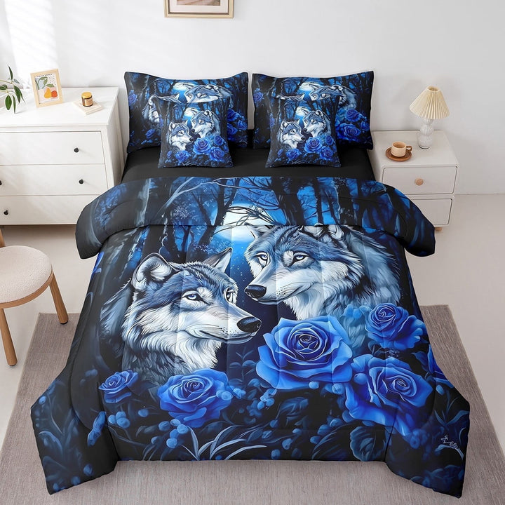 Erosebridal Wolf Comforter Sets Queen Size,Blue Rose Flowers Bedding Set,7-Piece Bed In A Bag,Safari Couple Wolves Bedding Comforter Sets Woodland Animals Bedding Comforter Sets