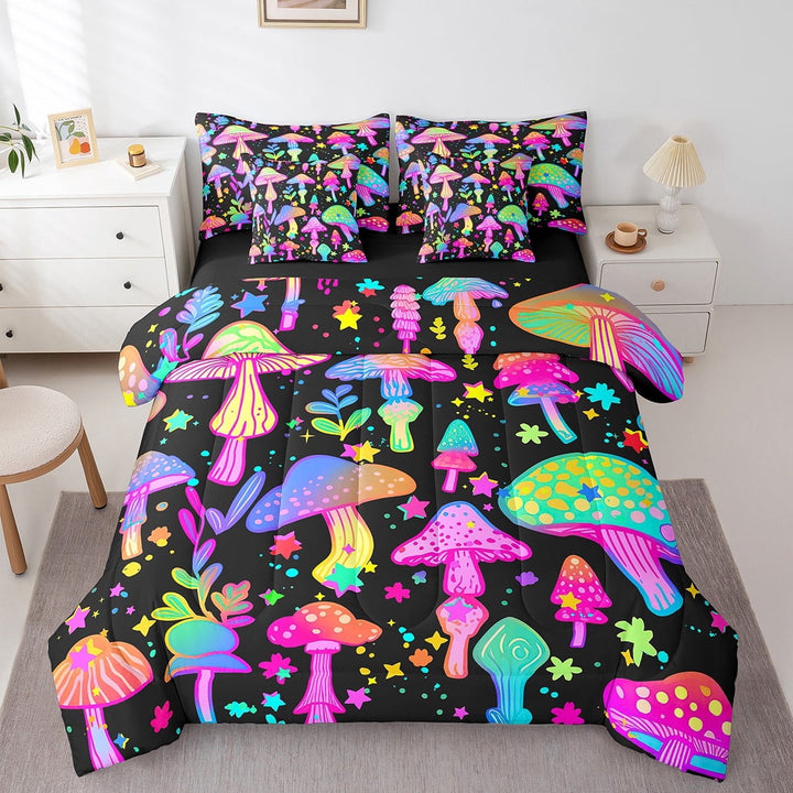 Hippie Mushroom Bedding Comforter Sets Cartoon Wild Fungus Bed in a Bag 7pcs, Rainbow Stars Bedding Set Botanical Plants Full Size Comforter Set, Boho Black Bed Set