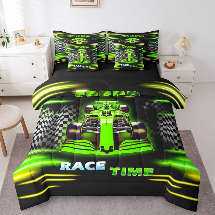 Erosebridal Green Car Bedding Sets Twin Size,Extreme Sport Comforter Sets with Sheets,Geometric Buffalo Bed in a Bag Twin size,Breathable Automobile Room Decor,Reversible,7pcs