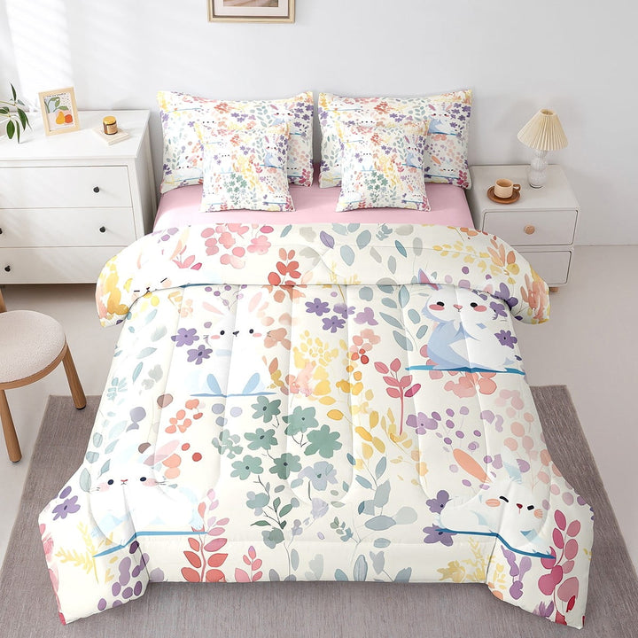7 Piece Kawaii Rabbit Full Bedding Set,Cute Bunnies Floral Comforter Set,Colorful Flower Bed Set Cartoon Animal Bed in a Bag with Fitted Sheet+Flat Sheet+Pillowcases