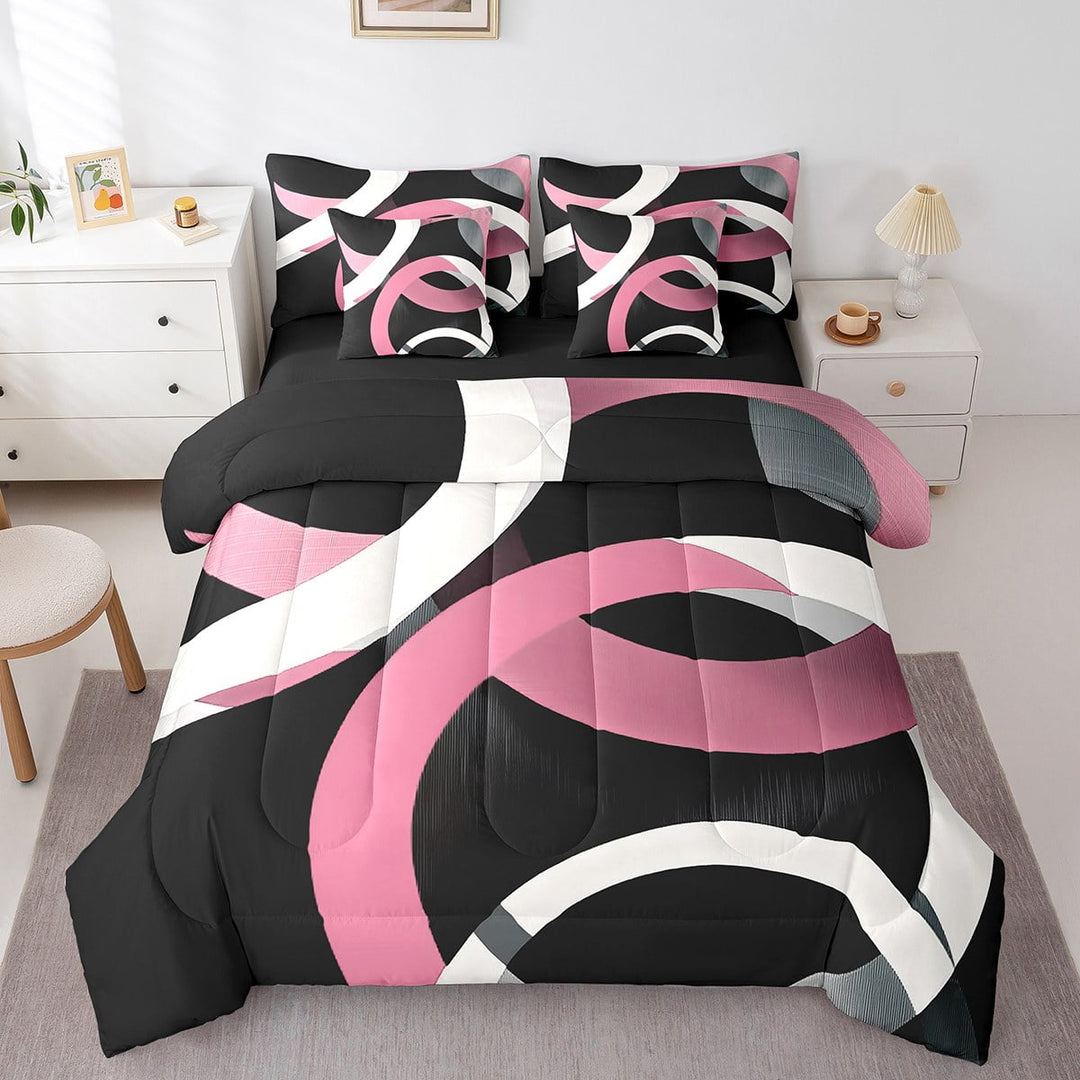 Erosebridal Abstract Stripes Bedding Sets Twin Size,Geometric Circle Comforter Sets with Sheets,Black Pink Bed in a Bag Twin size,Super Cozy Round Room Decorative,Reversible,7pcs