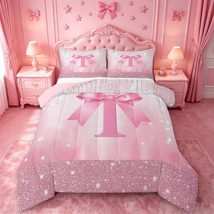 meiyoeat Girls Personalized Bow Gifts Full Size Comforter Sets For Kids,Pink Bowknot Letter Print T Bedding Comforter Set For Bow Lovers,Pink Reversible,3 Pieces