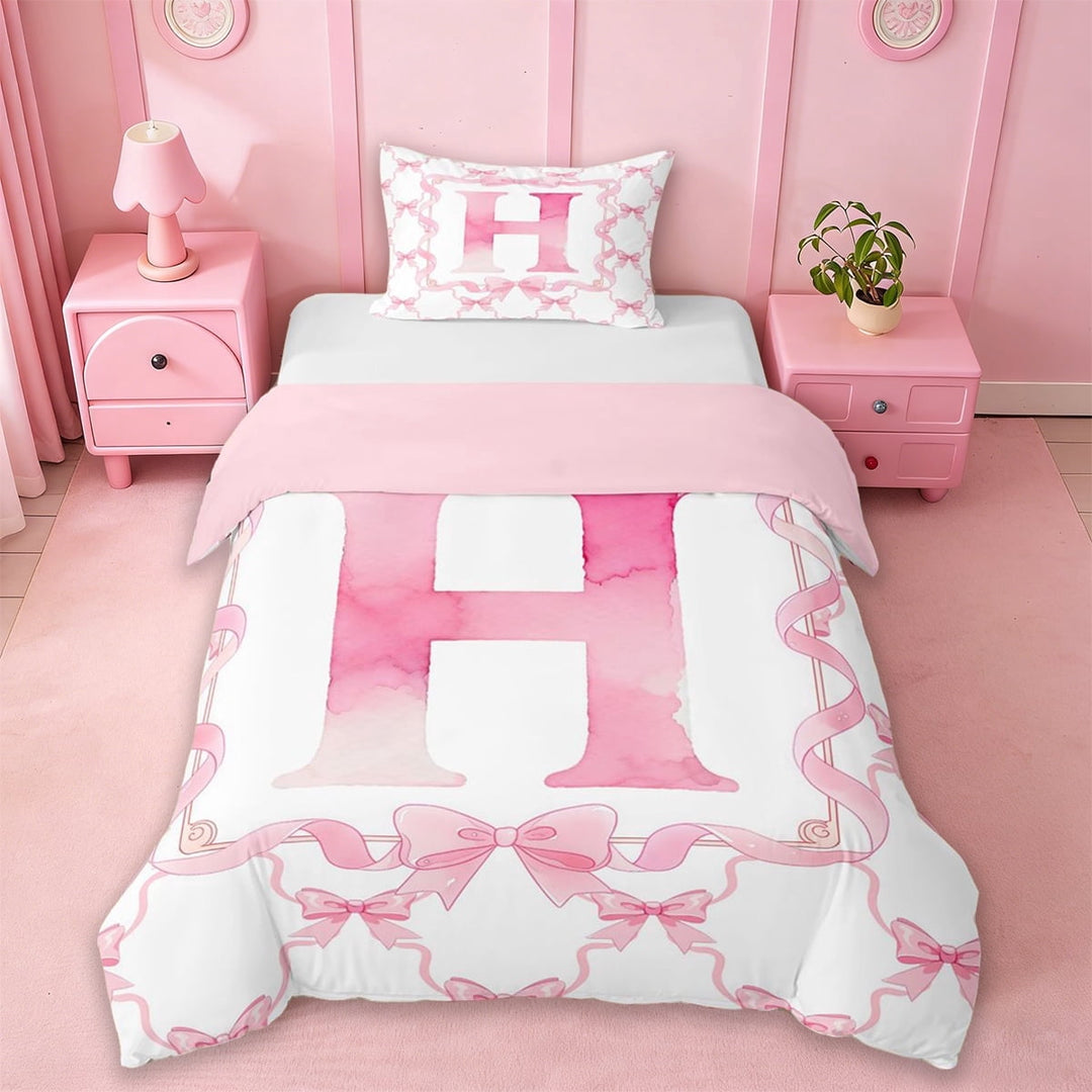 Erosebridal Letter H Monogrammed Twin Bedding,Girly Bowknot Princess Duvet Cover Set For Kids Women,Reversible pink,2pcs(No Comforter)