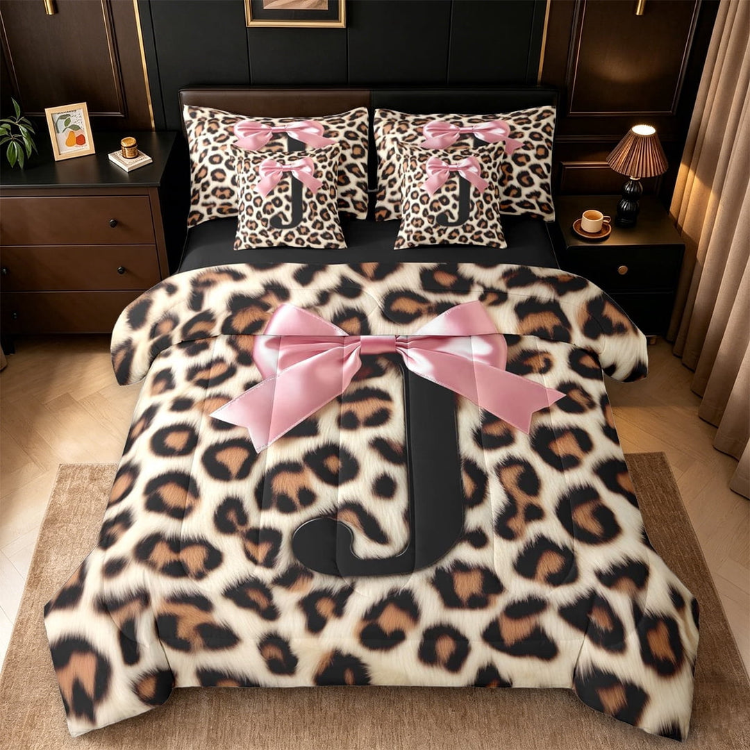 Erosebridal Classic Cheetah Print 7-Piece Twin Bedding Sets For Girls,Girly Bow Theme Monogrammed J Bedding Comforter Set,Black Reversible