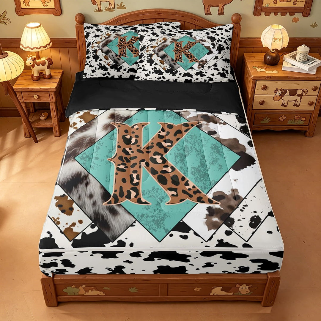 meiyoeat Leopard Monogrammed K Print Zipper Full Size Comforter Sets with Fitted Sheet and 2 Pillowcases For Boys,Vintage Farmhouse Western Cow Pattern Zipper Bedding Set,Black Reversible,4-Piece