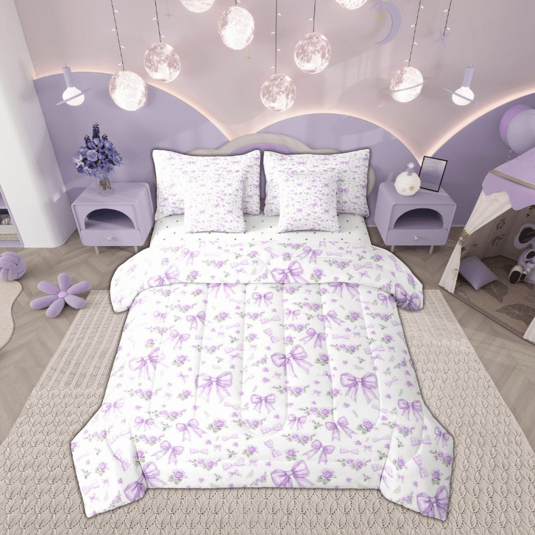jejeloiu Cartoon Bowtie Bedding Comforter Set 7-Piece,Bow Bowknot Floral King Bedding Sets,Purple White Bed Sheets For Girl,Microfiber Room Decor Reversible
