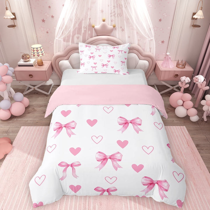 Erosebridal Girls Bow-Tie Twin Bedding, Kawaii Love Hearts Duvet Cover Set, White Pink, Pink Reversible, 1 Duvet Cover and 1 Pillowcase (No Comforter)
