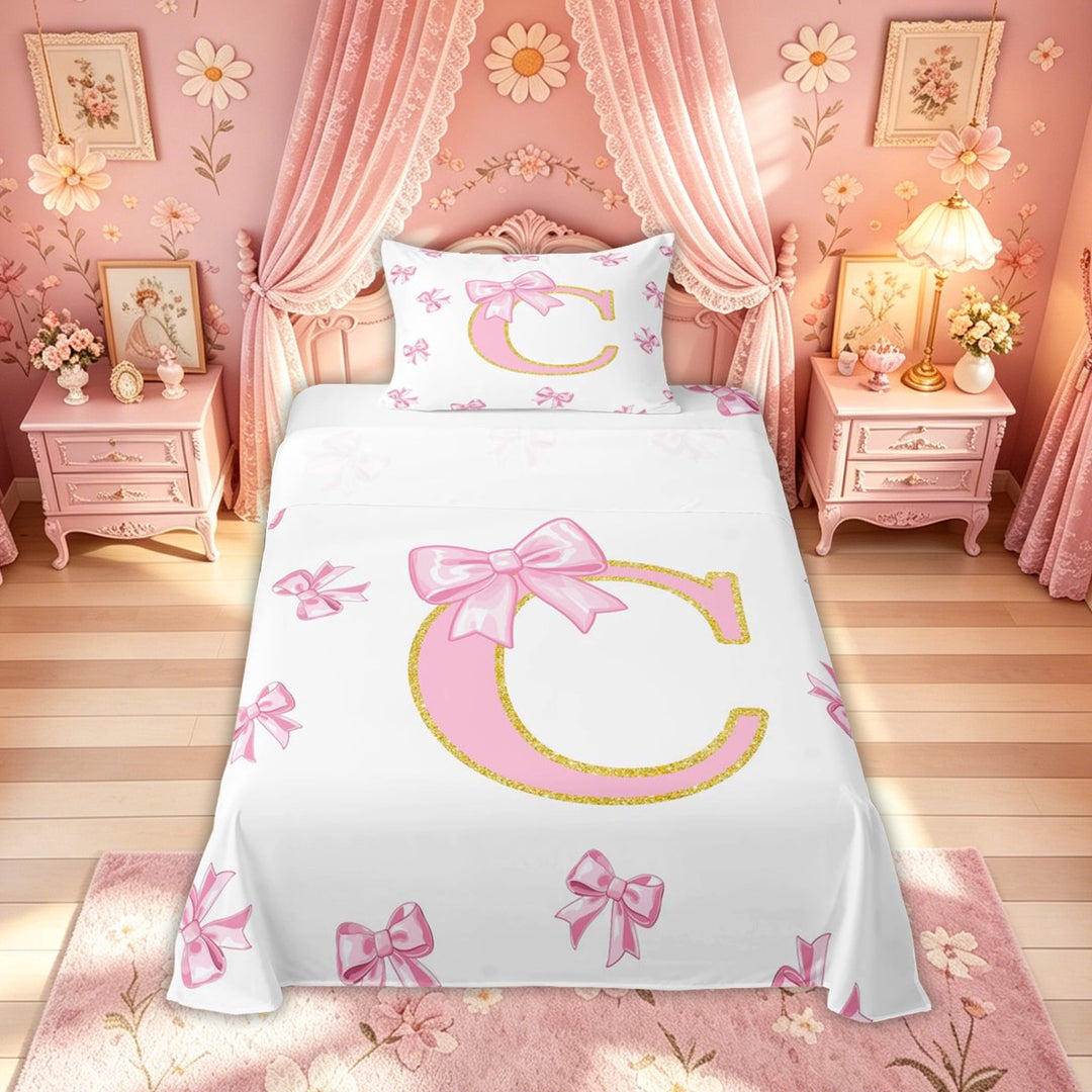 Meiyoeat Cute Bowknot C Letter Full Size Sheets for Girls Women, Cartoon Fashion Alphabet Bed Sheets, Pink, 4-Piece